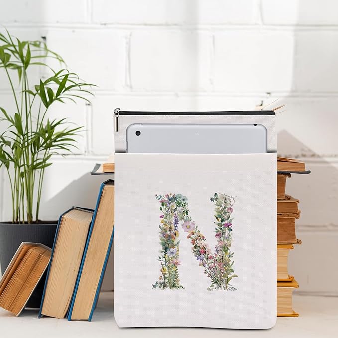 Monogrammed Book Sleeve Floral N Initial Book Pouch Book Accessories Book Lovers Gifts Waterproof Book Cover Book Protector Bookish Gifts Personalized Gifts for Women Girls Readers Bride Wife