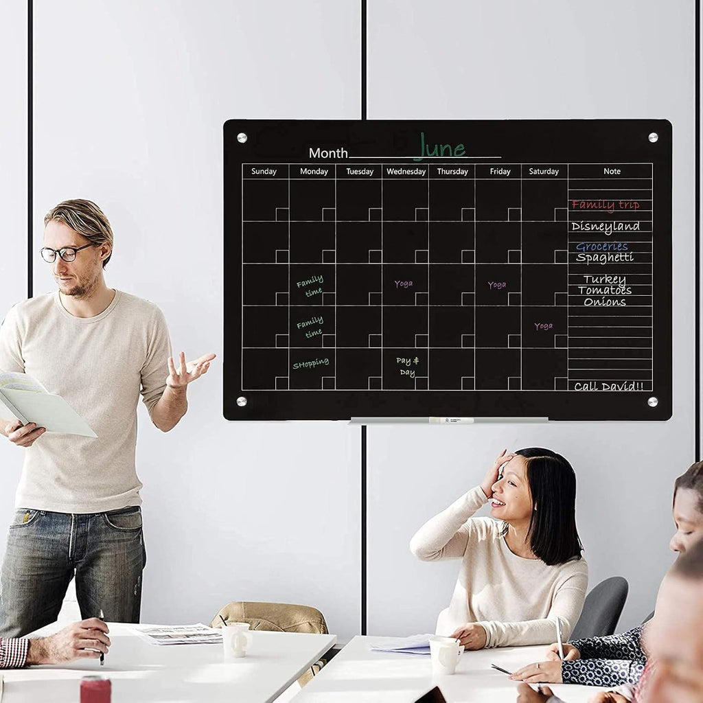 J&J worldwide Magnetic Whiteboard Calendar, 47 x 35 Black Glass Wall Calendar Dry Erase Board Monthly Planner for Home, School, Office, Frameless, with Markers, Marker Tray, Eraser, Magnets