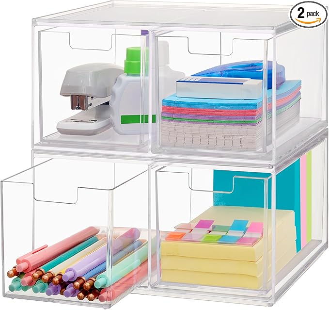 STORi Chloe Space-Saving Clear Drawer Organizer (4 Tall Drawers) Sort Office, Kitchen, Beauty Supplies, Makeup, Pens, Jewelry, Stationary, Made in USA