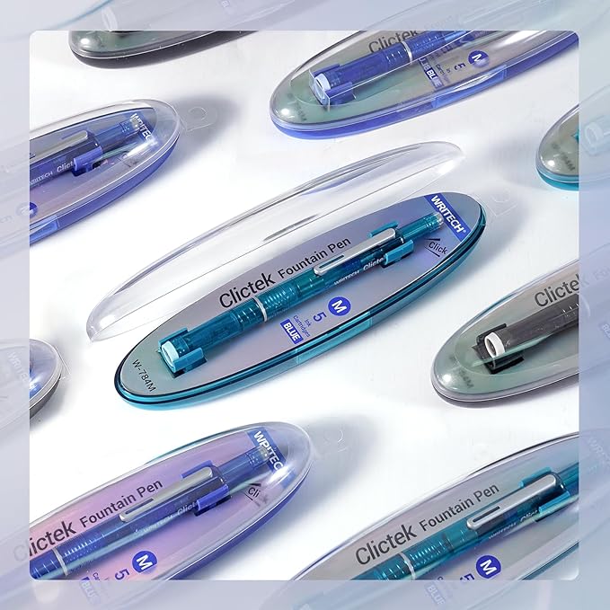 WRITECH Clictek Fountain Pen Retractable: Blue Ink Medium Nib Transparent Barrel, Gift Set Includes 5 Ink Cartridges for Smooth Writing No Leaking