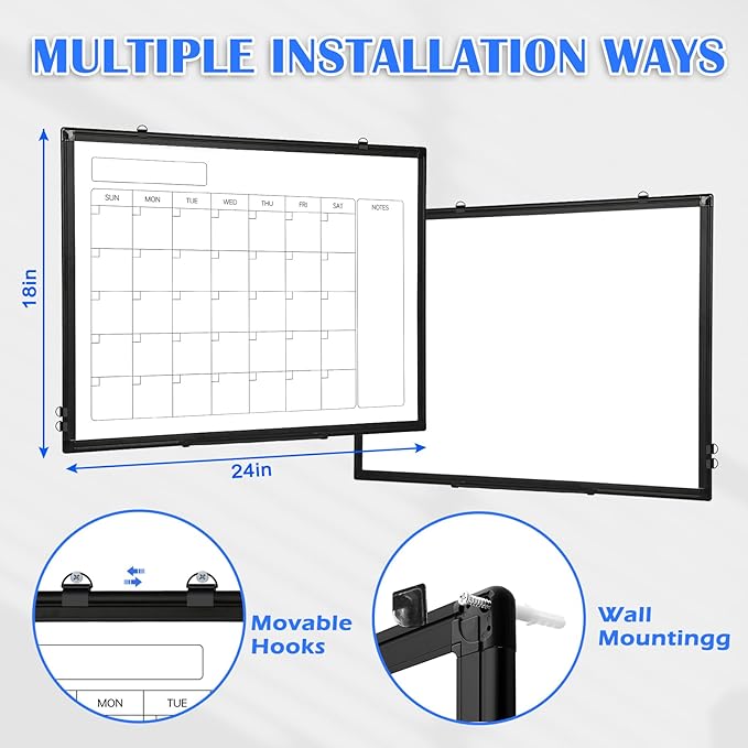 Monthly Calendar Dry Erase Whiteboard, 24" x 18" Magnetic Calendar White Board, Double-Sided Portable Board with Black Aluminium Frame for Office, Kitchen, School, Home