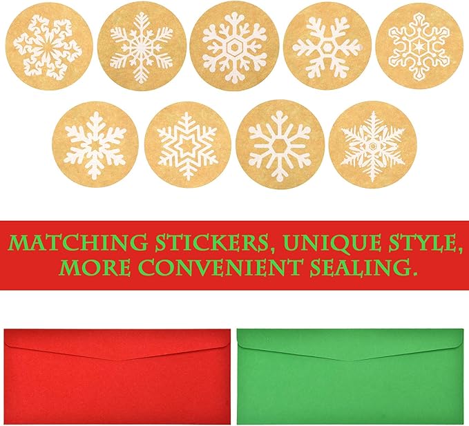 100 Pieces Number 10 Envelopes Gift Card Envelopes with 200 Pieces Christmas Kraft Snowflake Stickers Valentine's Day Stickers for Festive Letters Holiday Mail Gift Supplies (Classic Style)