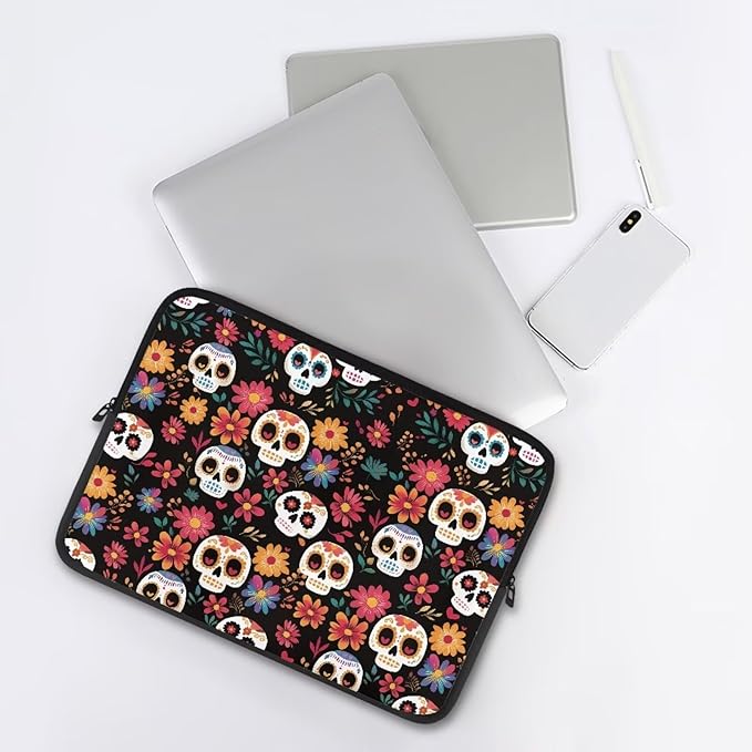 Skull Printed Computer Carrying Cover with Floral Print Laptop Case Bag Easy to Carry Computer Bag, 12 Inch Lightweight Laptop Briefcase Messenger Bag for Women