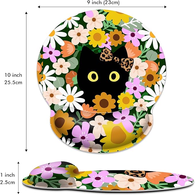 Ergonomic Mouse Pad with Wrist Support,Flower Cute Black Cat Mouse Pad with Wrist Rest,Relieve Wrist Pain Mousepad Non-Slip Rubber Base,Mouse Pads for Desk,Computers,Laptop,Office,Home,Accessories