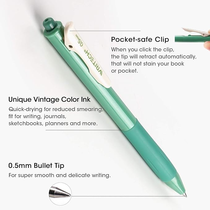 WRITECH Retractable Gel Pens Quick Dry Ink Pens Fine Point 0.5mm 10 Assorted Unique Vintage Colors For Journaling, Drawing, Doodling, and Notetaking (Vintage 2)