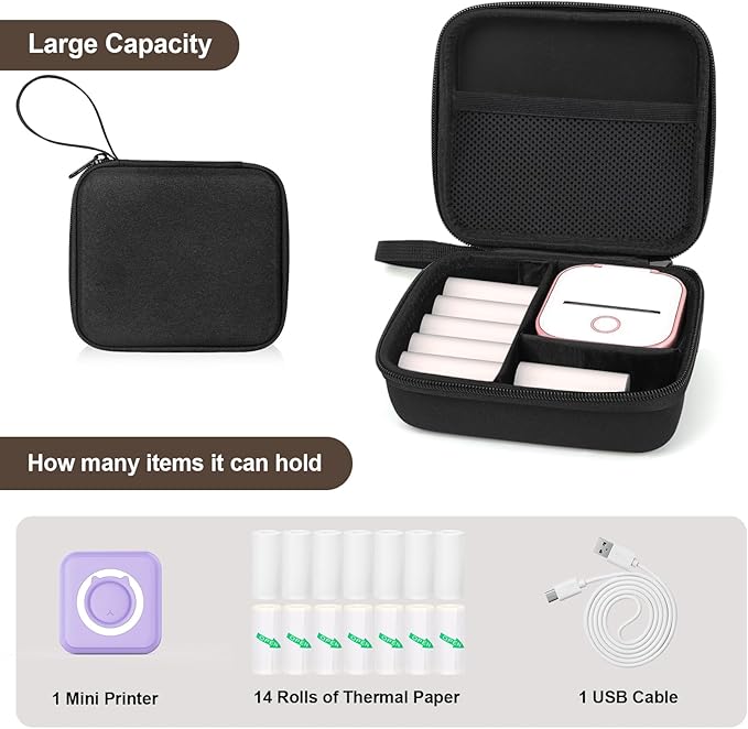 QYCHHJ Carrying Case for Phomemo T02/Memoking/HUIJUTCHEN Mini Sticker Printer, Portable Hard Travel Case for Label Maker, Thermal Printer Paper,Black