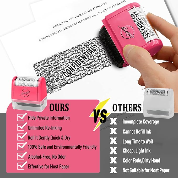 Miseyo Wide Roller Stamp Identity Theft Stamp 1.5 Inch Perfect for Privacy Protection,Anti-Theft Security Confidential Easy for Guard Personal Information Blockout - 3Pack Set (Peach)