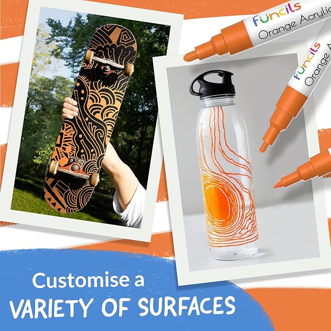 5 Orange Paint Pens - Extra Fine Tip, Thin & Jumbo (1mm, 3mm, 6mm, 10mm, 15mm) - Acrylic Orange Paint Marker for Metal, Fabric Pen, Plastic, Canvas, Wood, Rock Painting - Water-based Ink