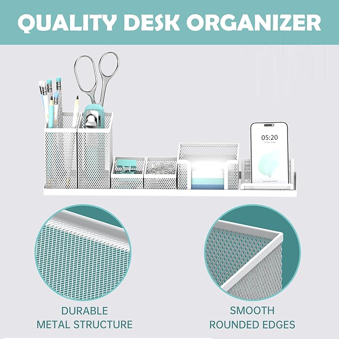 SUPEASY Pen Holder for Desk, 6 Piece Mesh Desk Organizer set, Desk Accessories for Office Organization with Mail Organizer, Letter Phone Holder, Sticky Notes Caddy Storage, White