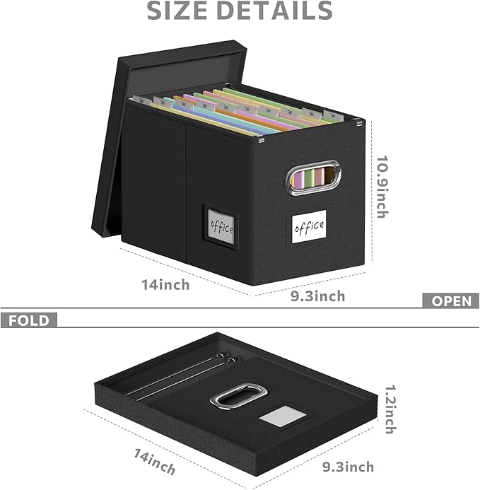 Hanging File Filing Box with Lid, Linen Collapsible File Organizer Box for Hanging Folder, Office/Home Decorative Storage Boxes Filing Cabinet (Black, 14x9.3x10.9)