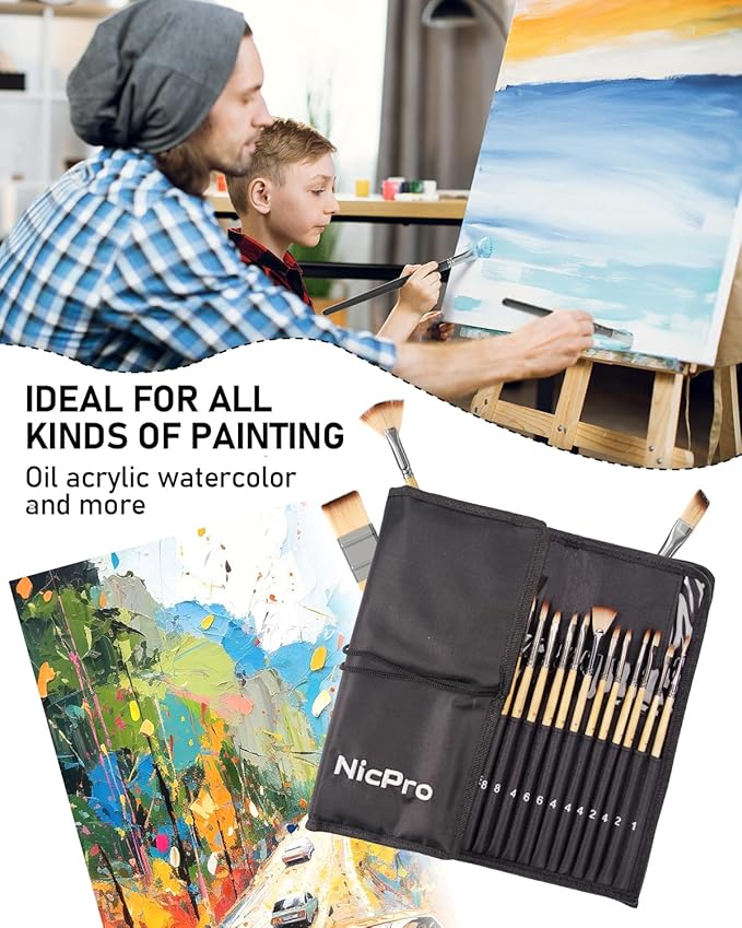 Nicpro 26pcs Paint Brush Set, Professional Paintbrushes with Palette Knife and Cloth Roll, Artist Paint Brushes for Acrylic Painting, Oil, Watercolor & Gouache, Adults Kids Art Painting Tools Supplies