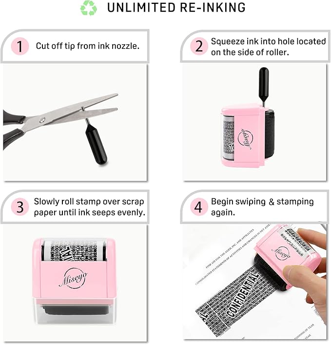 Miseyo Identity Theft Protection Roller Stamp Set - Pink (6 Refill Ink Incleded)