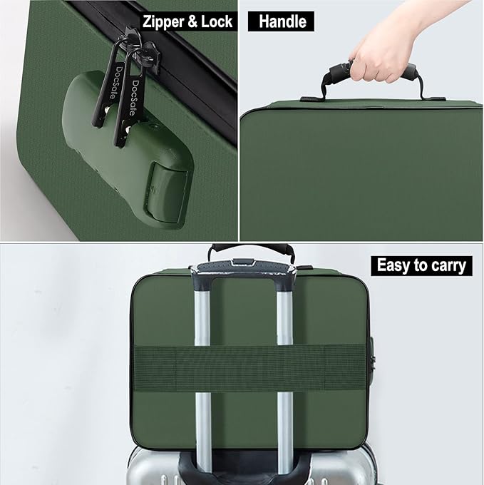 DocSafe File Organizer Bag with Lock,Fireproof Document Organizer Case with Water-Resistant Zipper,3-Layer Portable Travel Home Storage Safe Bag for Laptop,Files,Certificates,Gifts for Him,Green