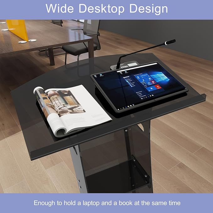 Acrylic Podium Stand with Storage Shelf,Segmented Black Lecterns & Podiums,Pulpits for Churches、Conference、Speeches、Weddings、Classroom、Concert,47" H Professional Presentation Podiums