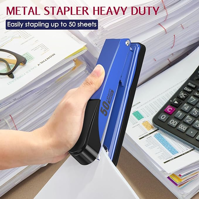Metal Stapler Heavy Duty 50 Sheet Capacity with 1750 Staples and Staple Remover, Blue Stapler Full Strip Staplers for Desk, No Jam, Non-Slip Office Stapler with Staples for Office & Classroom, Blue
