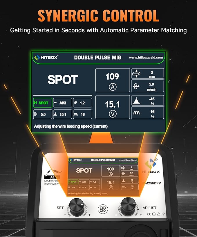 HITBOX Double Pulse Aluminum MIG Welder,All in 1,Gas MIG/Gasless Flux Core MIG/Stick/Lift TIG/Single Pulse/Dual Pulse Aluminum Welding Machine (HIM250DPP-US-D)