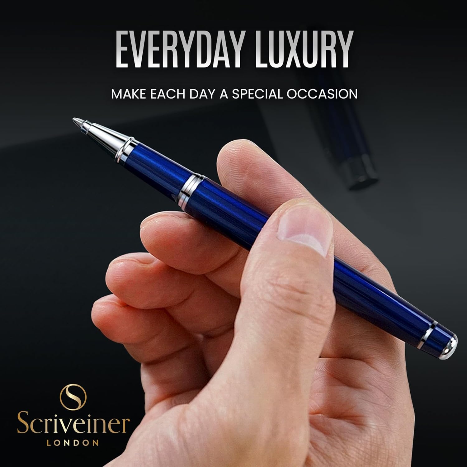 Scriveiner Midnight Blue Rollerball Pen - Stunning Blue Lacquer Luxury Pen, Chrome Finish, Schmidt Ink Refills, Men & Women, Professional, Executive Office, Nice Pen