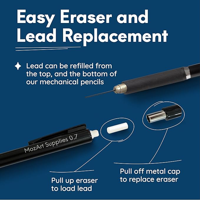 MozArt Illustrator Set with Case-4 Sizes: 0.3,0.5,0.7&0.9mm with 4x8HB & 30HB Lead Refills, Eraser Pen with 2 Jumbo Refills Compass with Block Eraser