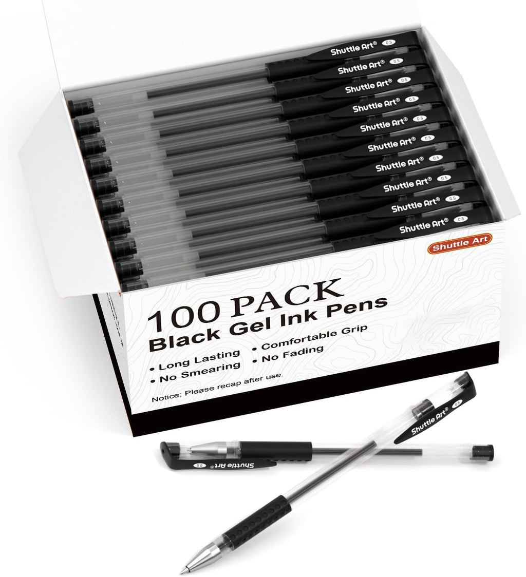 Shuttle Art Black Gel Pens, 100 Pack Fine Point Black Ink Pens Bulk, 0.5mm Rollerball Gel Ink Pens Smooth Writing with Comfortable Grip for Office, School and Home