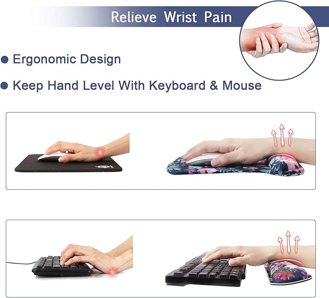 iCasso Keyboard Wrist Rest and Mouse Wrist Rest Pad, Made of Memory Foam, Ergonomic Support, Easy Typing and Relieve Wrist Pain, Perfect for Gaming, Computer, Office, Laptop - Blossom