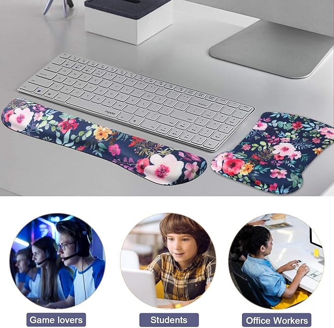 iCasso Keyboard Wrist Rest and Mouse Wrist Rest Pad, Made of Memory Foam, Ergonomic Support, Easy Typing and Relieve Wrist Pain, Perfect for Gaming, Computer, Office, Laptop - Blossom