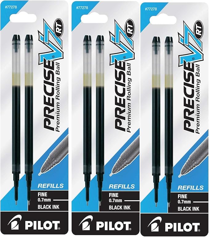 Pilot Precise V7 RT Liquid Ink Retractable Rollerball Pen Refills, 0.7mm, Fine Point, Black Ink, 3-Packs of 2
