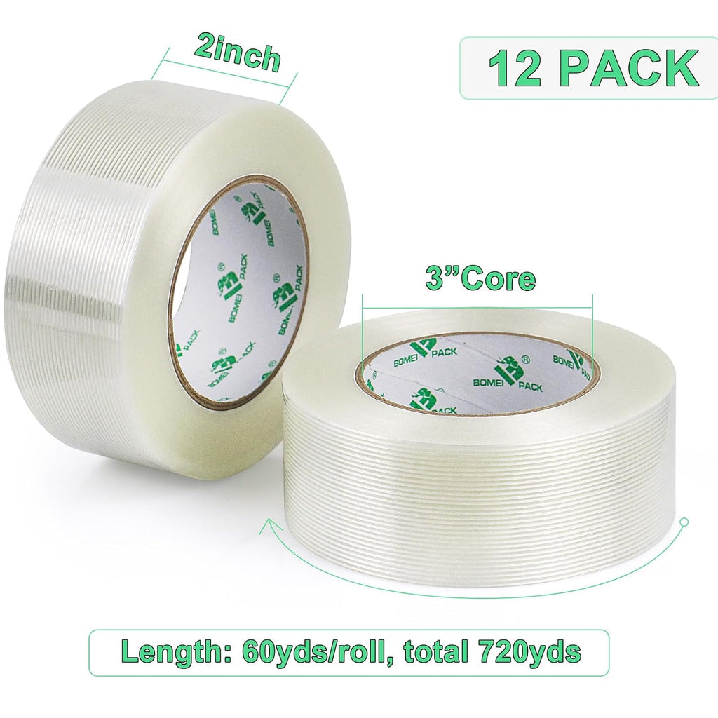 BOMEI PACK 12PACK Strapping Tape 2Inch, Heavy Duty Fiberglass Reinforced Packing Tape, 5.5Mil x 60Yds