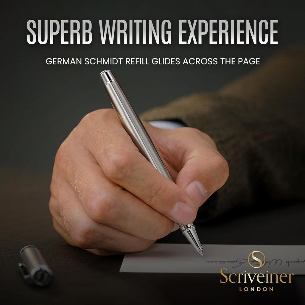 Scriveiner Stainless Steel Rollerball Pen - Stunning Luxury Metal Pen with Silver Chrome Finish, Schmidt Ink Refill, Best Roller Ball Pen Gift Set for Men & Women