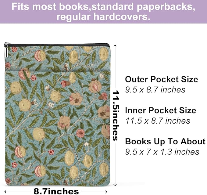 Retro Floral Fruit Book Sleeve Book Cover Classic Flower Book Protector with Zipper Christmas Birthday Book Club Gifts Book Accessories for Women Sister Wife Librarian Girls Bookish Book Lovers Gifts