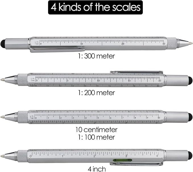 HeTaoCat Gifts Multi Tech Tool Pen 6 in 1 Stylus Pen - Screwdriver Pen with Ruler, Levelgauge, Ballpoint Pen Black Ink (Silver)
