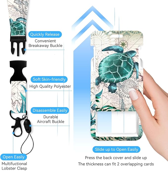 Sea Turtle Badge Holder with Retractable Reel and Breakaway Lanyard，Badge Clips Retractable Heavy Duty Badge Reel，Funny Keychain，ID Holder with Breakaway Lanyard for School Nurse Office Teen