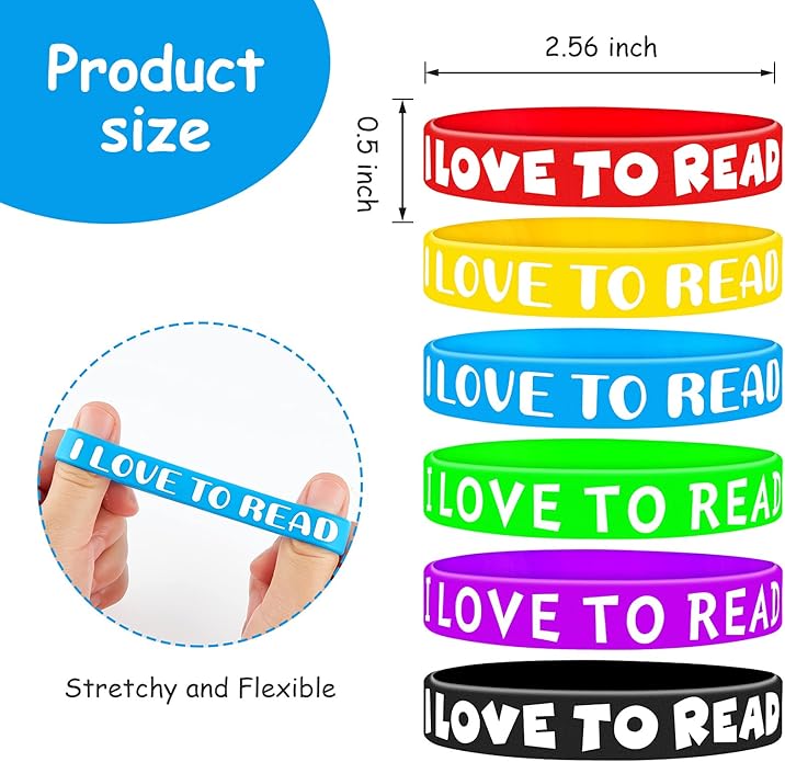 WILLBOND I Love to Read Rubber Bracelets Motivational Rubber Wristband Colorful Silicone Wristbands Bracelets for Classroom Rewards Teacher Award School Home Decoration Party Favors