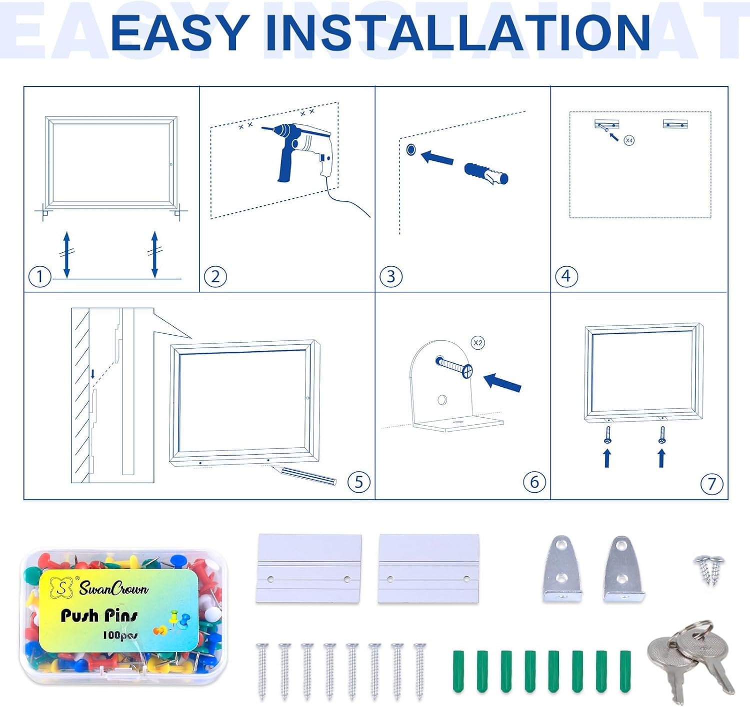 SWANCROWN Enclosed Bulletin Board Weatherproof 37x28in, Outdoor Lockable Bulletin Board Wall Display Case for Office School Commerce, Black Felt, Sliver Aluminum Frame (8xA4)
