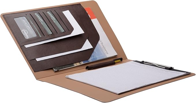 Folio Cover Case with Spring Clip Pad for Organizing Loose Documents Notepad,Writing Pad,Presentation Folder,Coffee