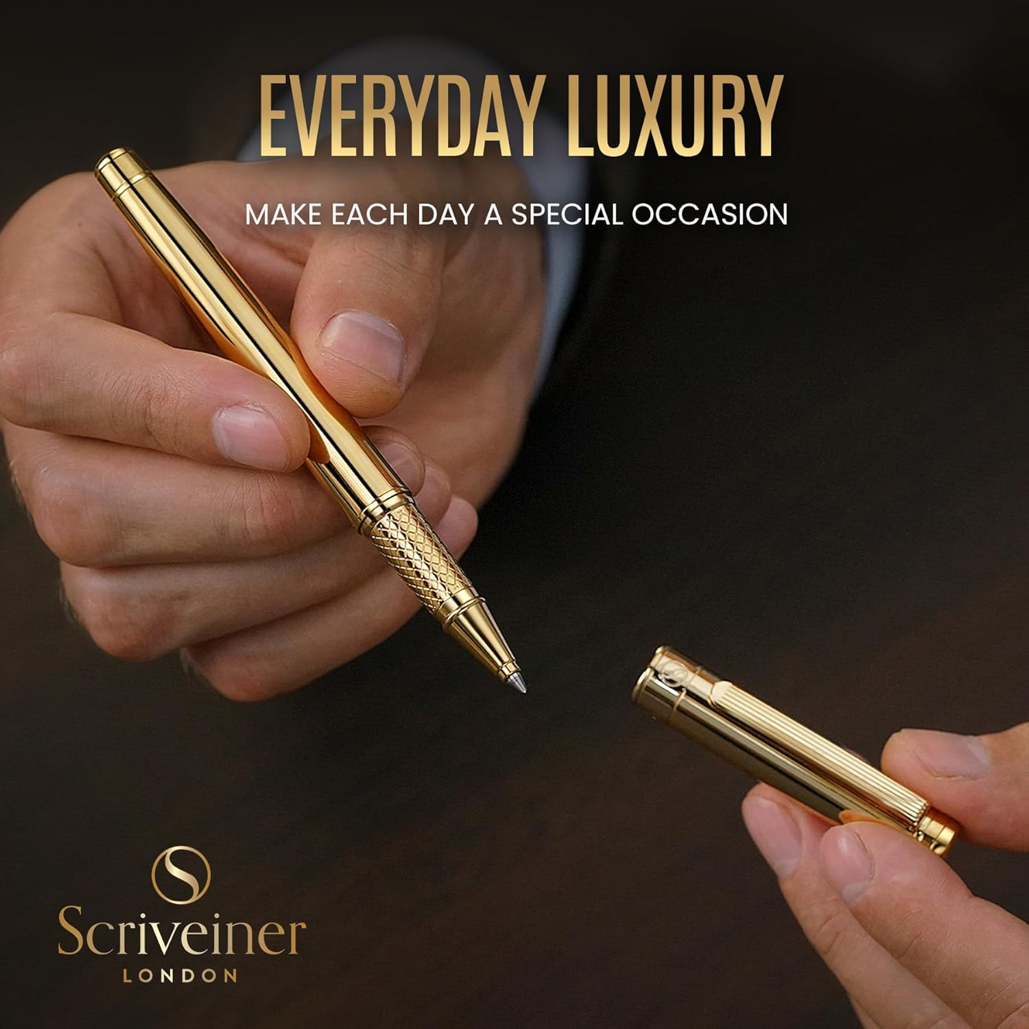 Scriveiner Gold Rollerball Pen - Stunning Luxury Pen, Real Gold Plating, Schmidt Ink Refill, Best Roller Ball Pen Gift Set for Men & Women, Professional, Executive Office, Nice Pens