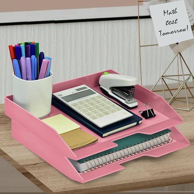Acrimet Stackable Letter Tray 2 Tier Side Load, Plastic, Desktop File Organizer (Solid Pink Color)