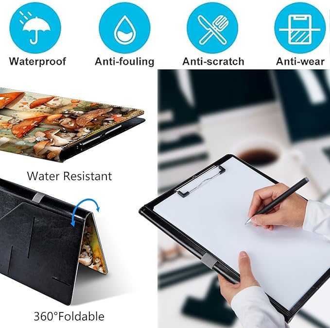 PU Leather Padfolio Clipboard Notepad with Pen Loop and Elastic Strap Interview/Resume Document Organizer for Business School Office,Watercolor Mushroom