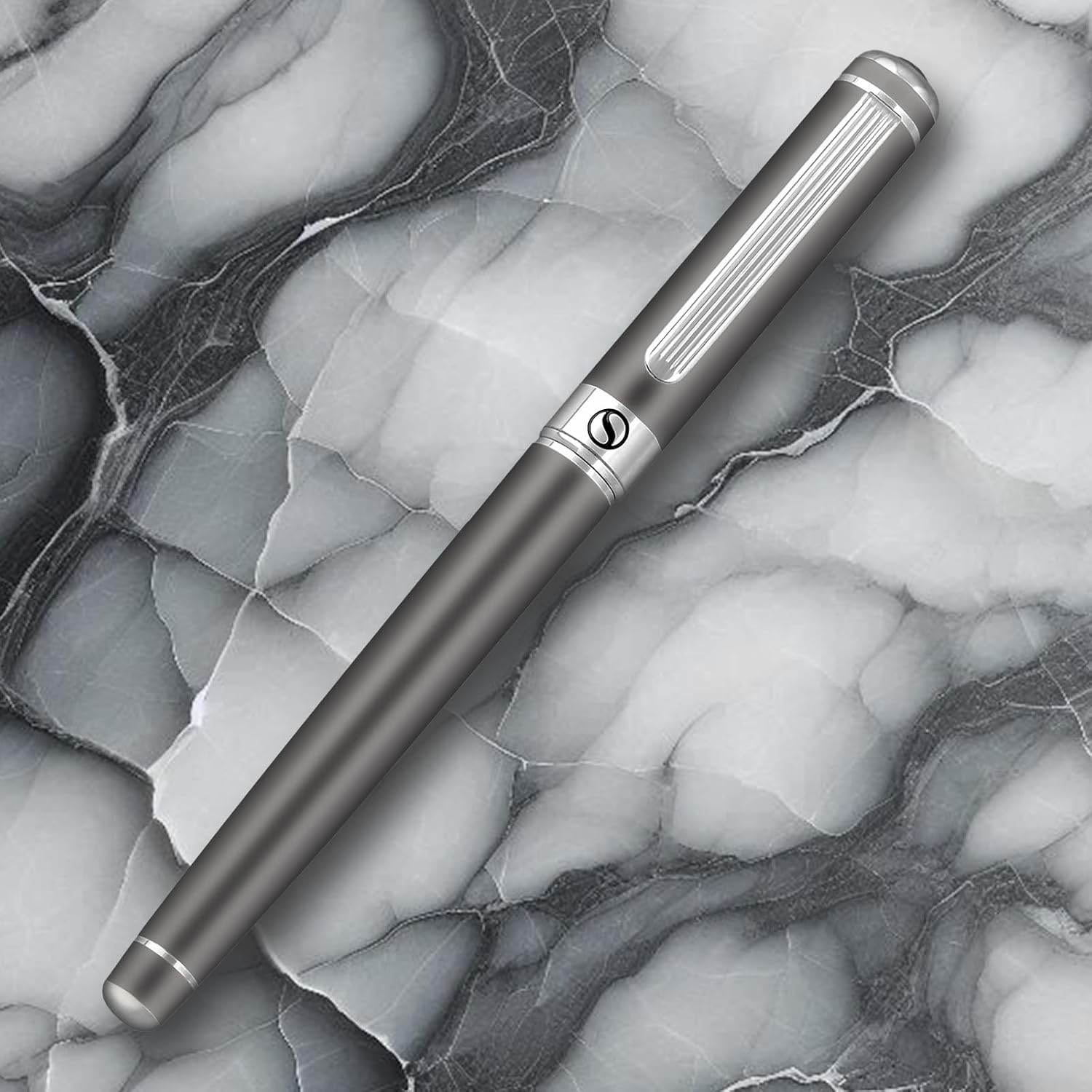 Scriveiner Dark Grey Rollerball Pen - Stunning Luxury Pen With Chrome Finish, Schmidt Ink Refill, Best Roller Ball Gift Set for Men & Women, Professional, Executive Office, Nice Pens