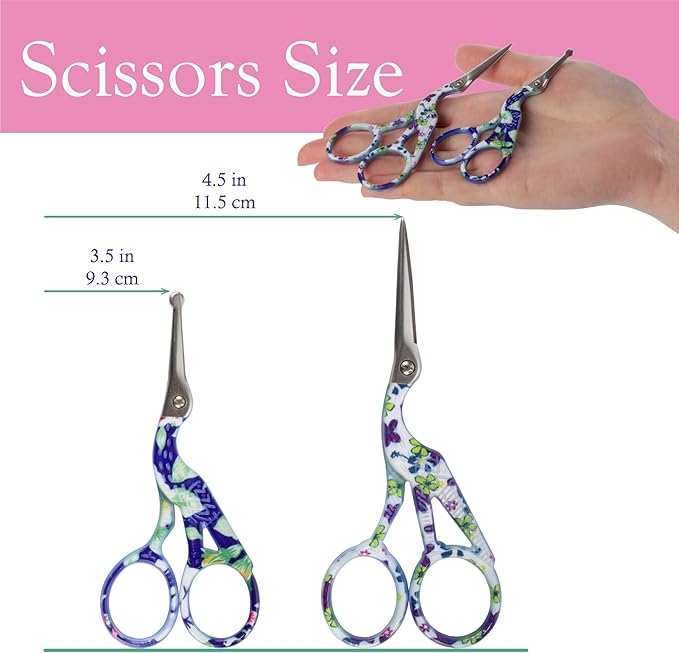 Stork Bird Rounded Safety Tip Embroidery Craft Stainless Steel Crane Scissors - Assortment D - 2 Pairs