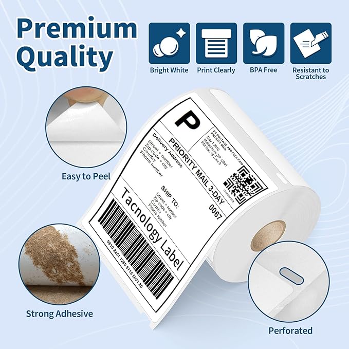 6 Rolls 4" x 6" Direct Thermal Shipping Labels, Compatible with Dymo 4XL, Rollo & Zebra Printer | 220 Labels/Roll, Perforated, Permanent Adhesive, BPA-Free