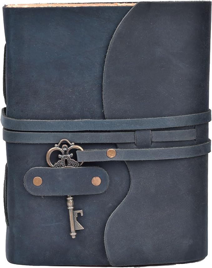 LEATHER VILLAGE Vintage Leather Journal – 200 Handmade Vintage Deckle Edge Paper – Leather bound Journal For Women Men – Vintage Key Closure - Book of Shadows - Blue - 13X8 inches