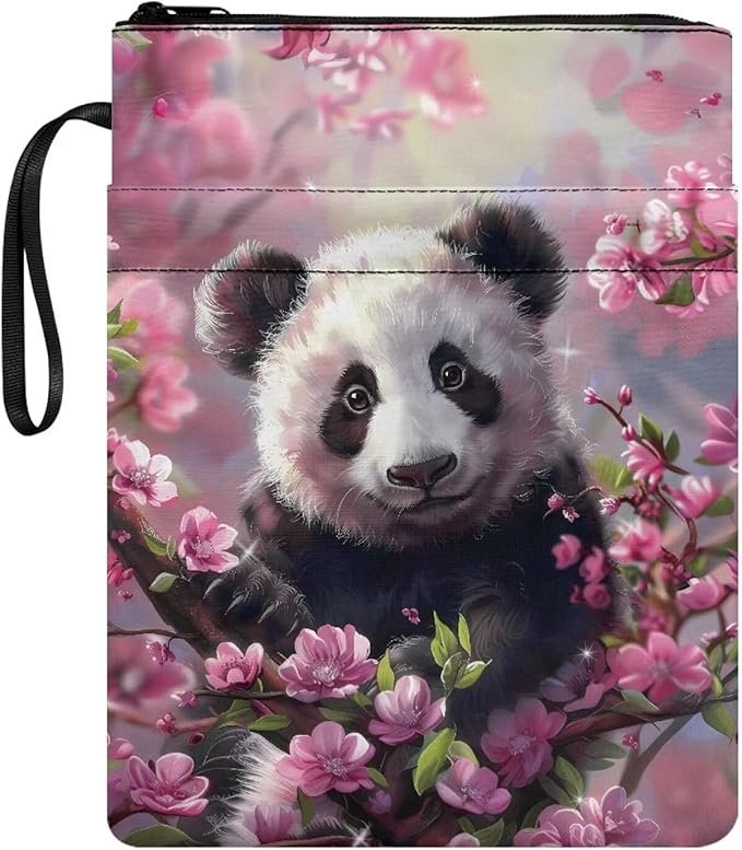 COEQINE 9"x11" Book Covers for Hardcover Cute Panda Animal Book Sleeves with Zipper Book Cover for Book Lovers Book Pouch Book Protctor Pouch Book Covers for Hardcover Washable Pink Cherry Blossom