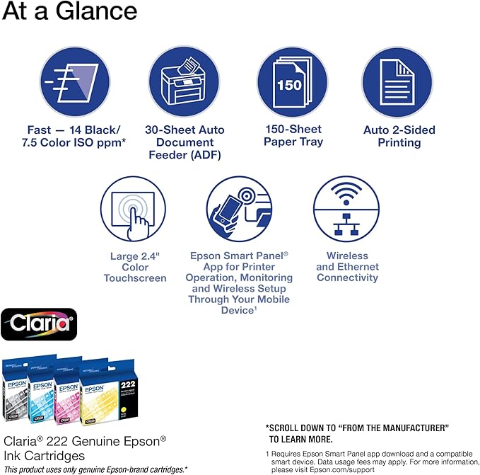 Epson Workforce WF-2960 Wireless All-in-One Printer with Scan, Copy, Fax, Auto Document Feeder, Automatic 2-Sided Printing, 2.4" Touchscreen Display, 150-Sheet Paper Tray and Ethernet,Black