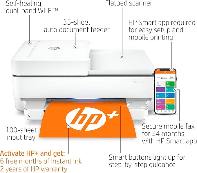 HP ENVY 6455e Two Sided Inkjet Printer All in One Wireless Printer Copy Scanners 10ppm Black 7ppm Color Smartphone Tablet Compatible Computer Wireless Printers for Home Use Office 223R1A (Renewed)