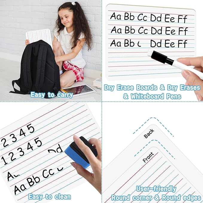 12PCS Dry Erase Boards,9"x12" Double Sided Small Whiteboards with Lines,Students,Education Teacher Classroom,Mini Portable Drawing Learning Lapboards with Colors Pens and Erasers.