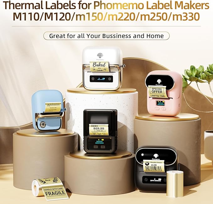 Phomemo Transparent Thermal Labels for M110/M120/M220/M150/M250/M221 Label Maker, Self-Adhesive Thermal Label 1.57"x1.18"(40x30mm),230 Labels/Roll, for Barcode,Address, Name, Golden