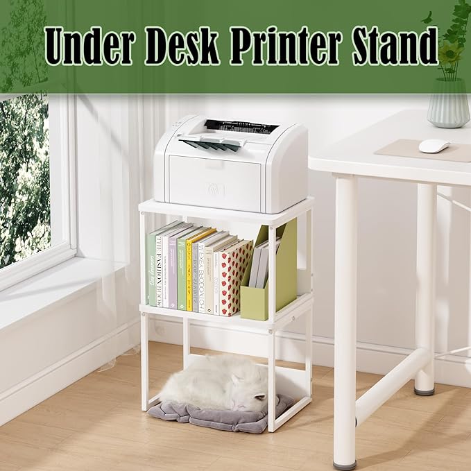 MARTY Desktop Printer Stand 2 Pack Printer Stand with Storage for Desk, Printer Shelf Desk Organzier for Home/Office Printer Riser Under Desk Small Table for Printer Fax Machine Scanner(White)