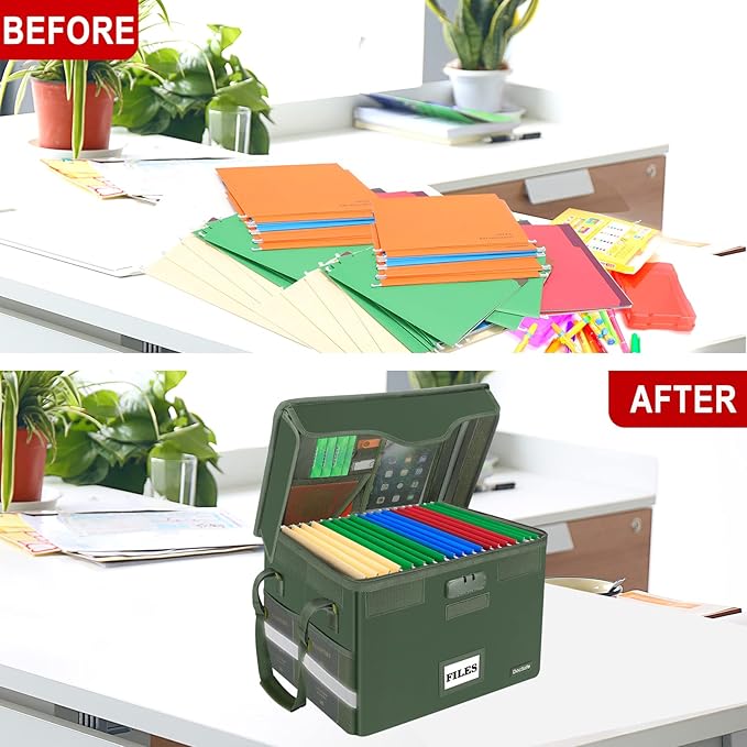 DocSafe File Box Fireproof Document Box with Lock,File Storage Organizer Box with Mesh Inserts＆Zipper Lid,Collapsible Portable File Box Home Office File Cabinet with Handle for Hanging Folders,Green