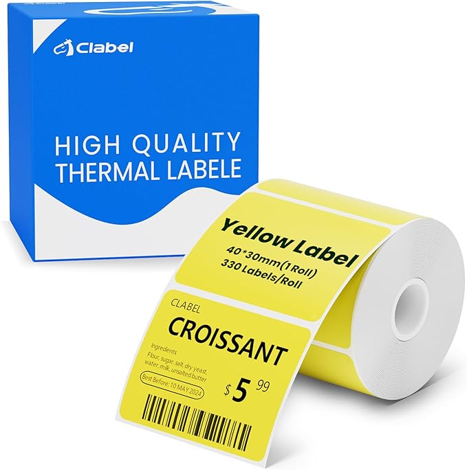 CLABEL Thermal Label 1.57'' x 1.18'' (40x30mm) Self-Adhesive Stickers for 220B/221B/230B Label Maker 330 Labels/Roll Black Text on Yellow Paper in Stronger Waterproof Tear-Resistant for Business Home