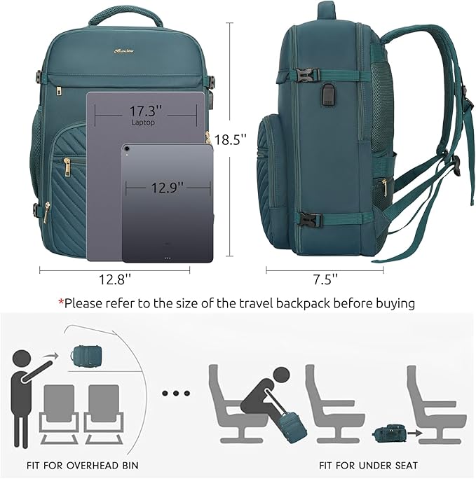 Travel Backpack for Women, Carry On Backpack for Airplanes Flight Approved, Waterproof Large Weekender Overnight Bag Fit 17 Inch Laptop with USB Charging Port, Peacock Blue